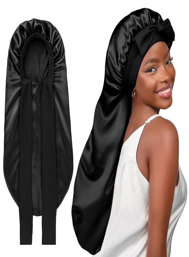YANIBEST Long Bonnet Satin Bonnet for Sleeping Braid Bonnet with Tie Band Silk Sleep Bonnet for Women Locs Black - Image 1